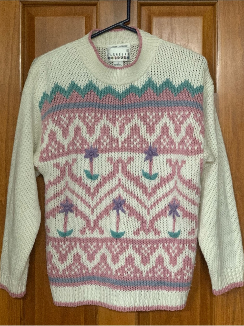 Vintage Carolina Colours Hand Loomed Fair Isle Pastel Floral Knit Sweater